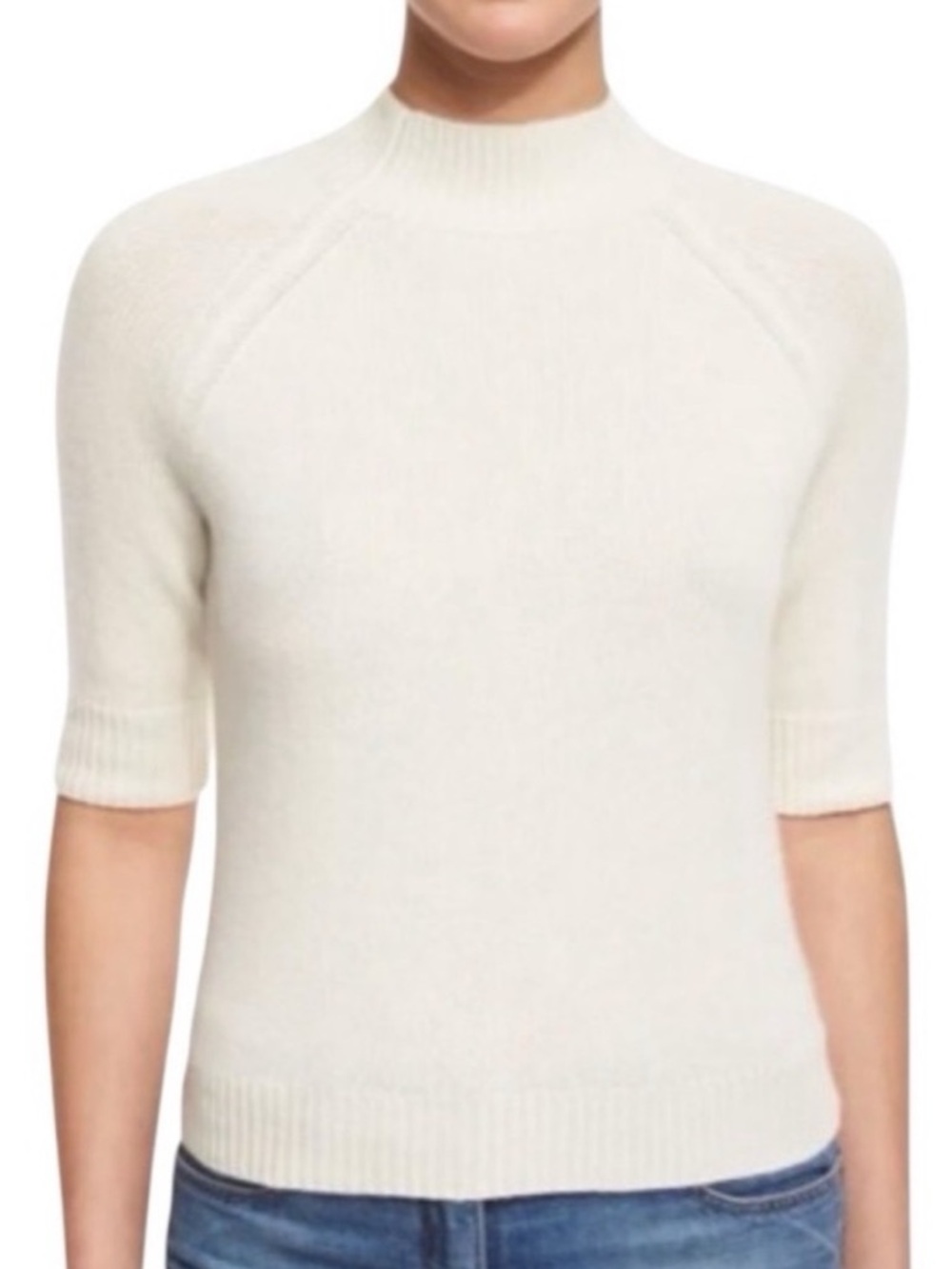 Theory Cream 100% cashmere Short-Sleeve mock turtleneck neck Sweater